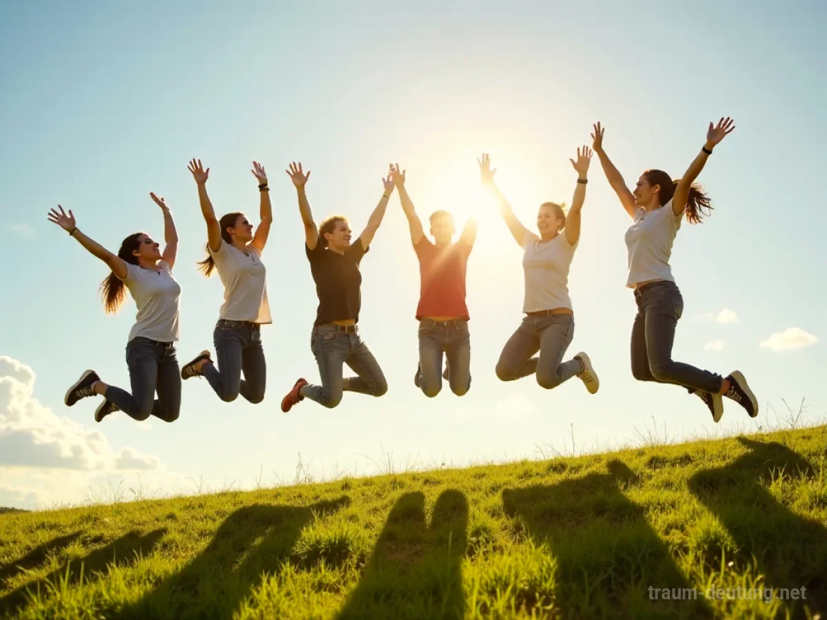 Freunde springen gemeinsam lachend in die Luft