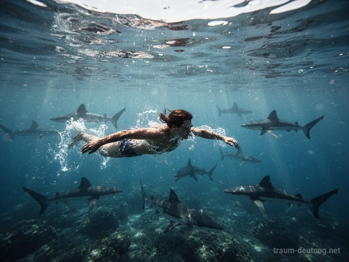 Eine Person schwimmt im Meer, Haie sind in der Tiefe sichtbar.