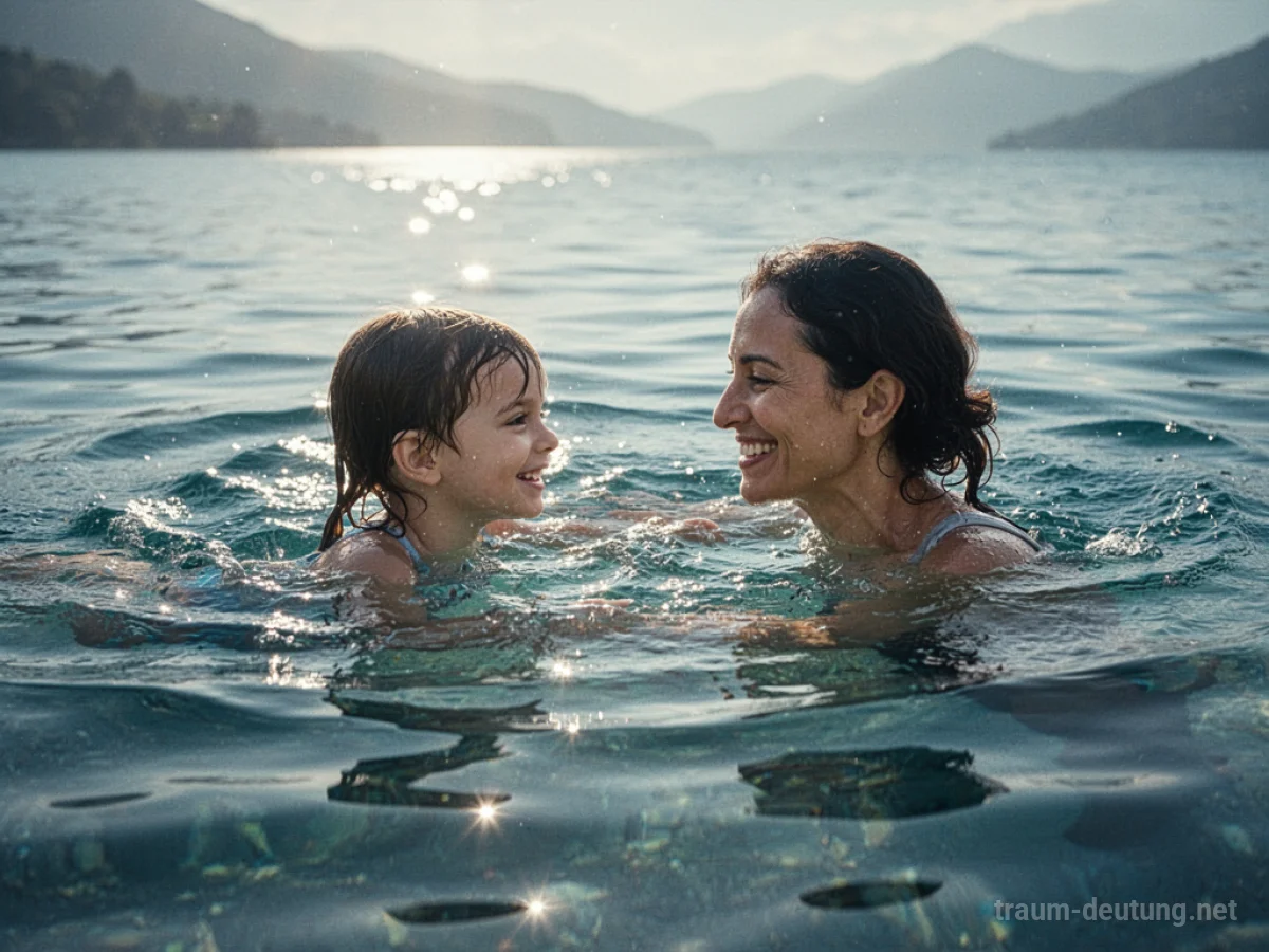 Elternteil und Kind schwimmen Hand in Hand in einem sonnenbeschienenen See.