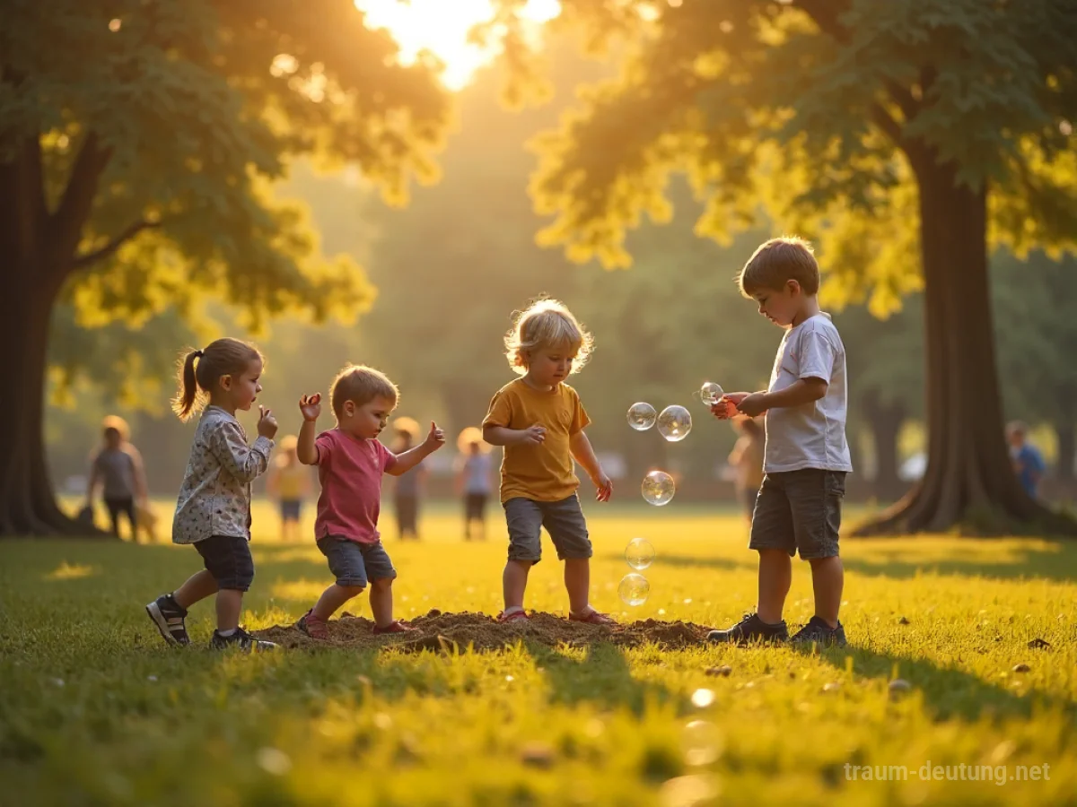 Erwachsene und Kinder spielen fröhlich im Sonnenschein auf einem Spielplatz.