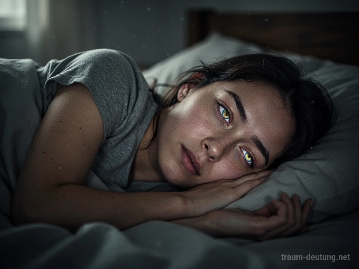 Eine Person schläft mit leicht geöffneten Augen in einem dunklen Raum, Mondlicht fällt herein.