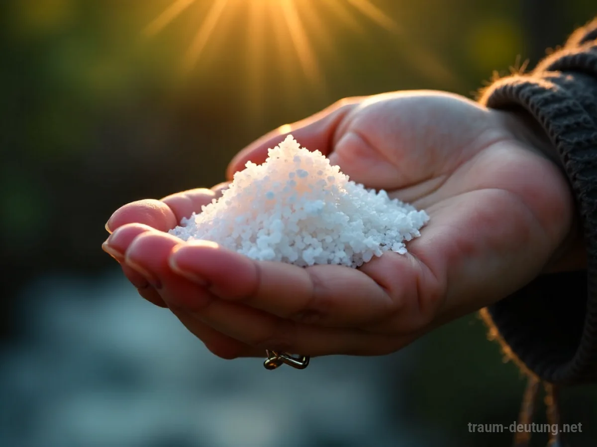 Hand mit Salz vor einer beruhigenden Naturkulisse.