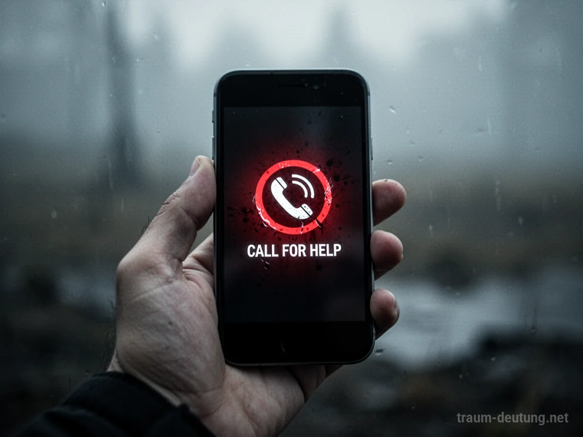 Hand hält Smartphone mit Hilferuf-Symbol im unscharfen Hintergrund
