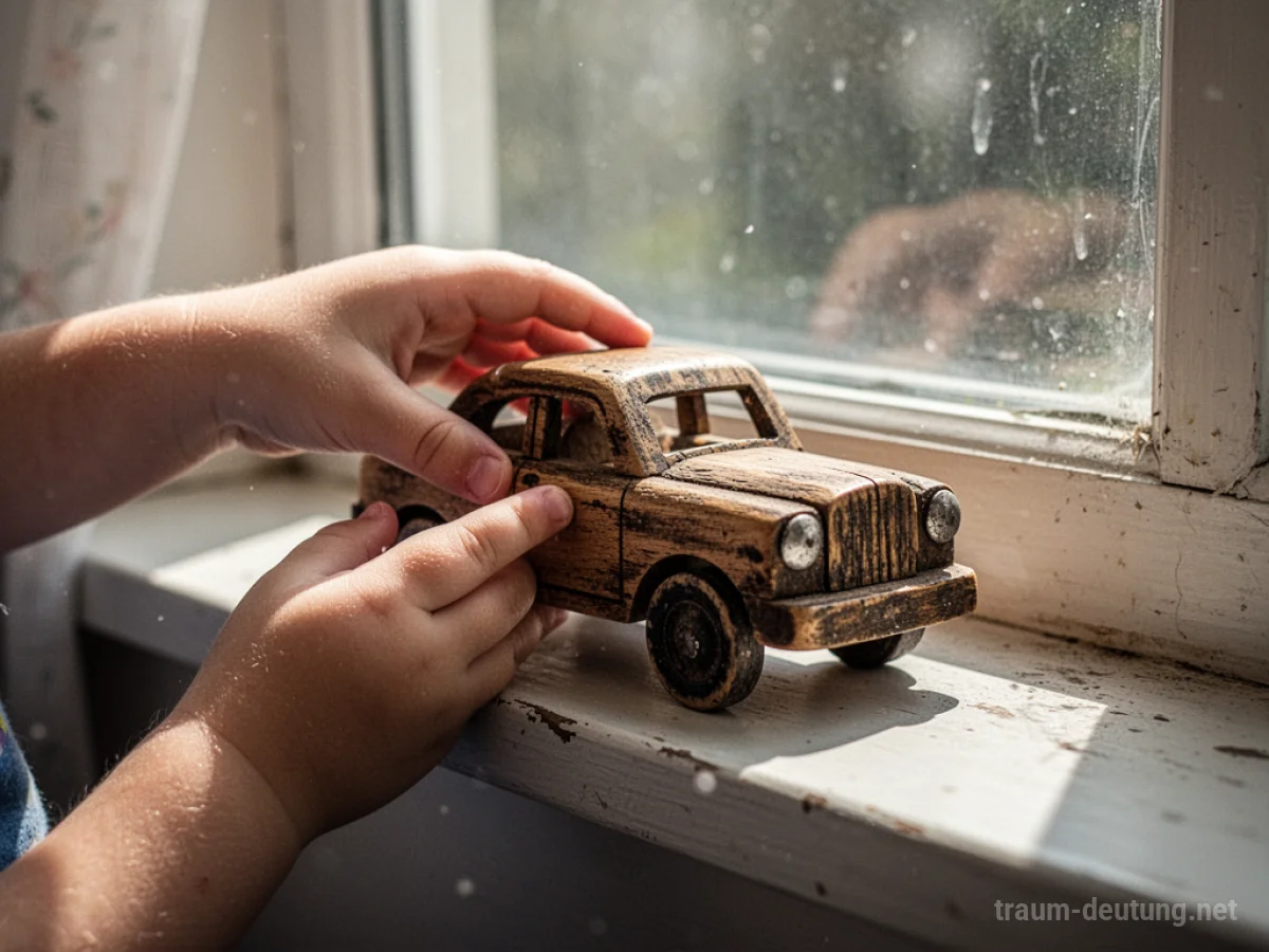 Hand hält altes Holzauto auf Fensterbank