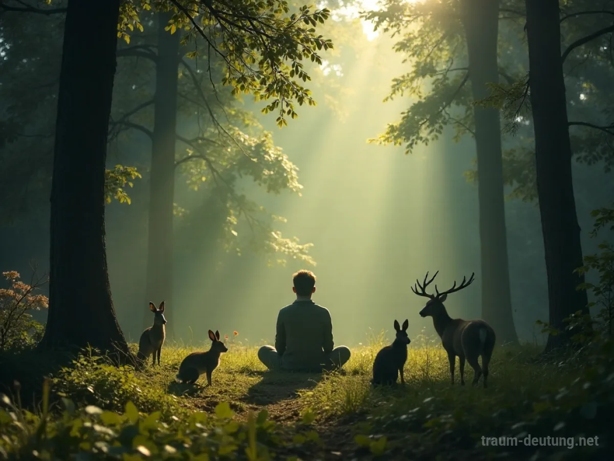 Eine Person im Wald, umgeben von friedlich versammelten Tieren.