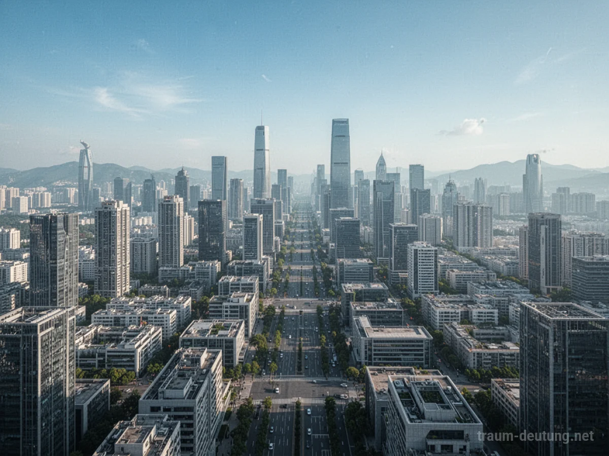 Eine moderne Stadt mit Hochhäusern und geordneten Straßen aus der Vogelperspektive.