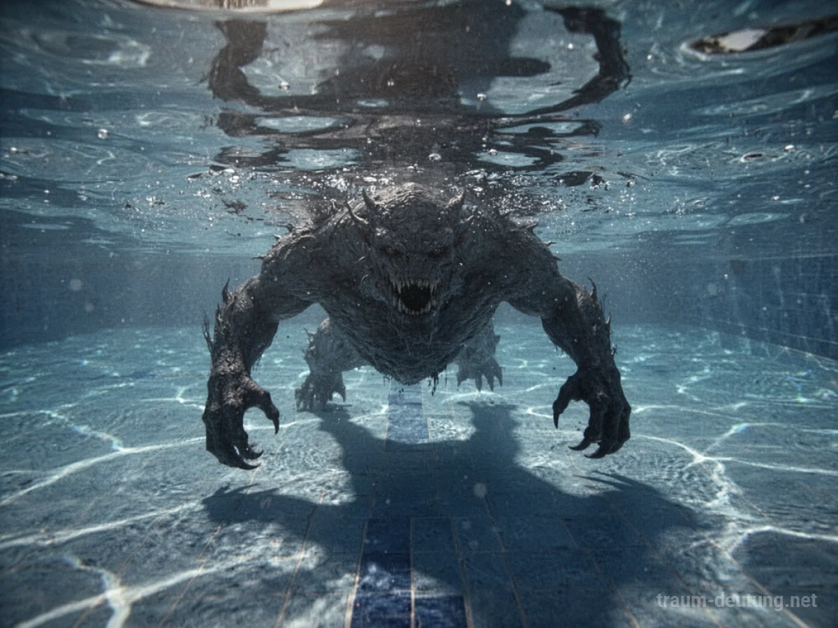Ein unbestimmtes Monster lauert unter der Oberfläche eines blauen Schwimmbeckens.