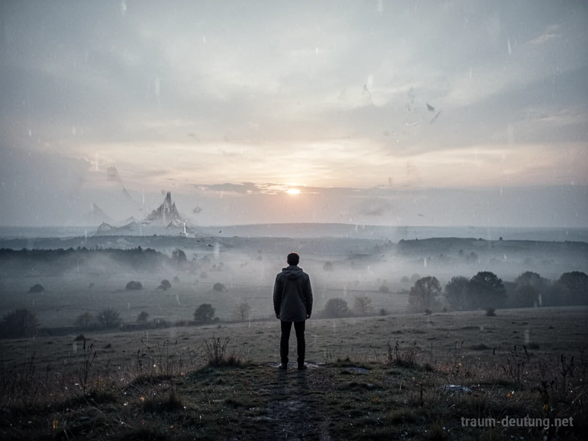 Eine einzelne Person steht am Rand einer nebligen Landschaft und blickt zum Horizont.