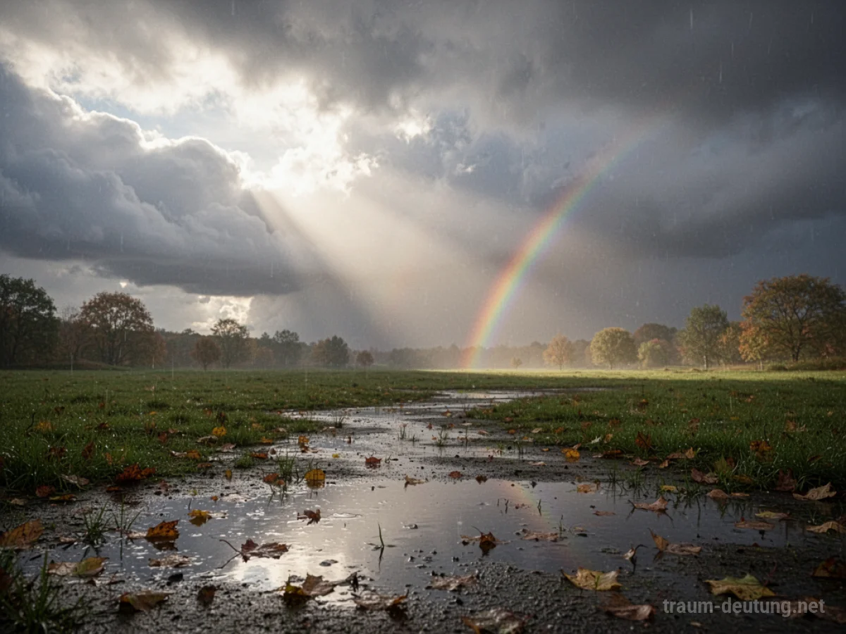 Sonnenschein bricht durch Wolken nach einem Sturm, Regenbogen am Horizont.