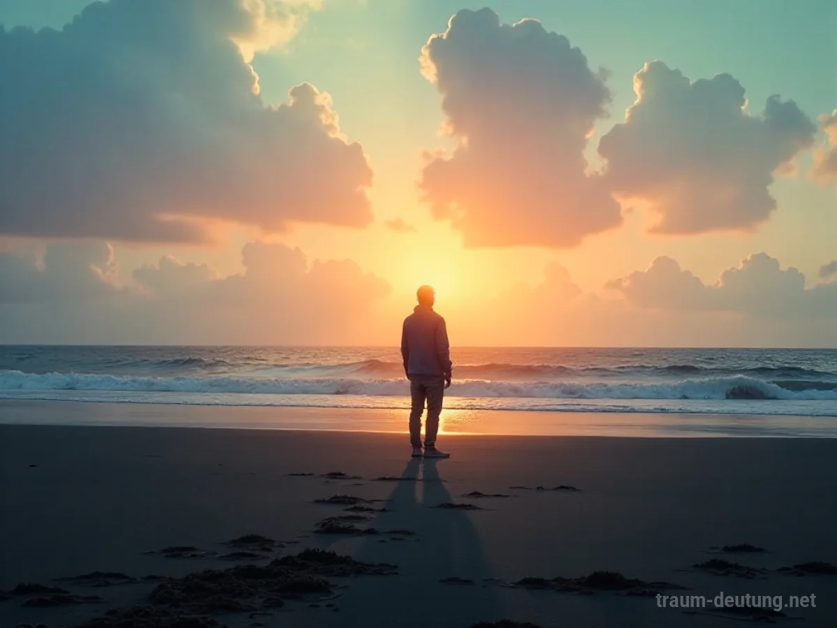 Silhouette einer Person am einsamen Strand bei Sonnenaufgang