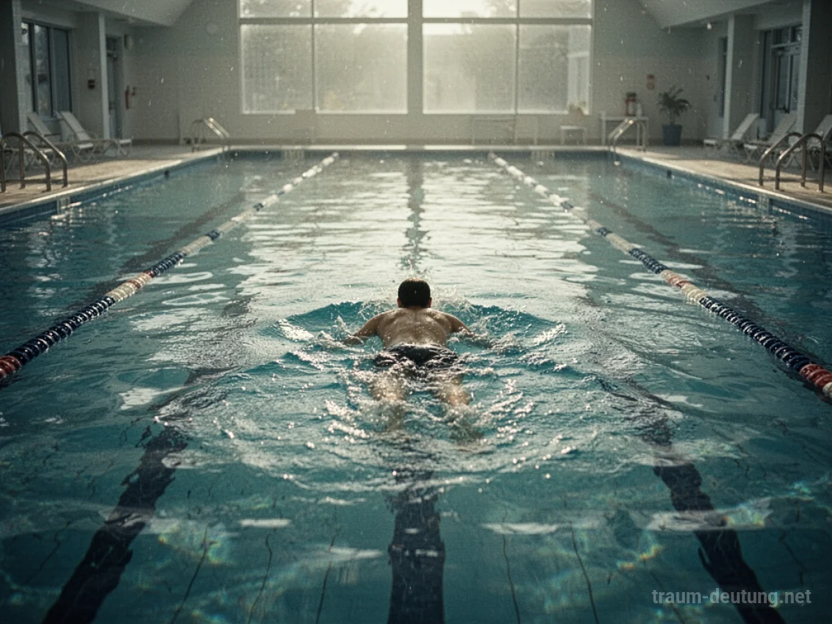 Eine Person schwimmt nackt in einem großen, leeren Schwimmbad.