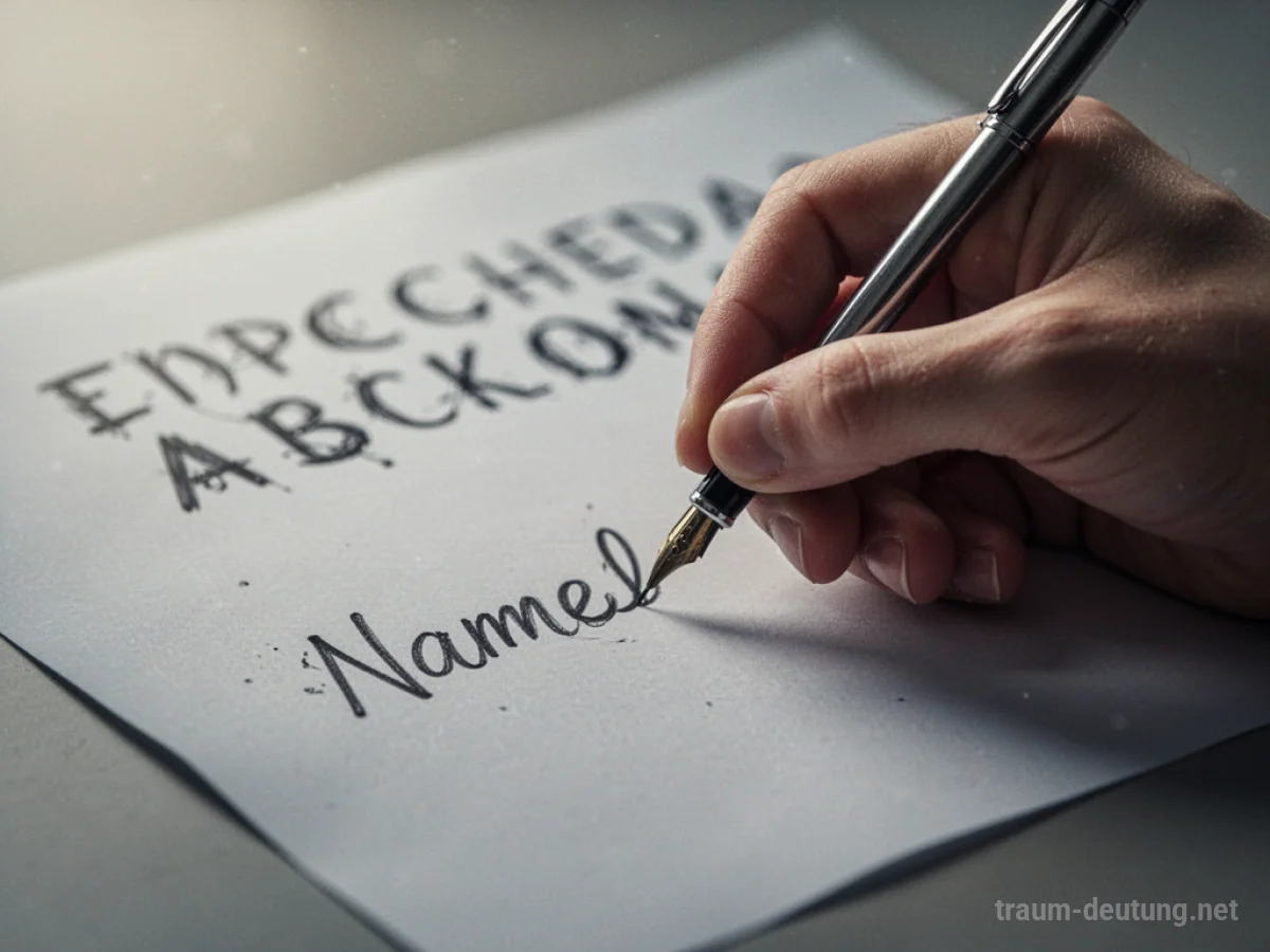 Hand zögert über Papier, um einen Namen zu schreiben, unscharfe Buchstaben im Hintergrund.