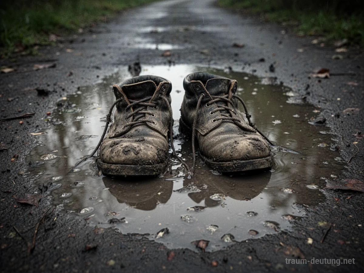 Nasse, schlammige Schuhe stehen in einer Pfütze.