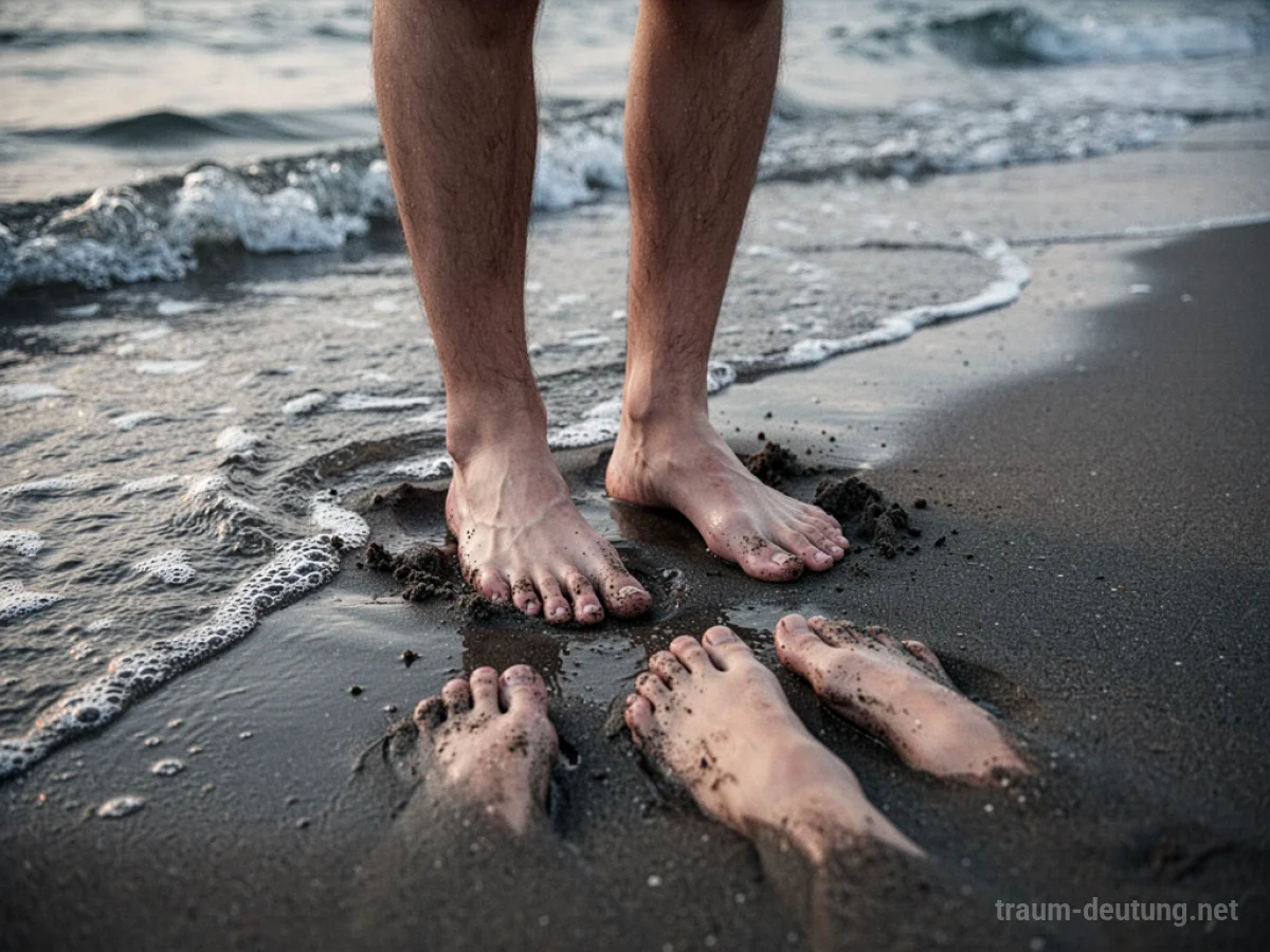 Füße versinken in nassem Sand am Strand, sanfte Wellen nähern sich.