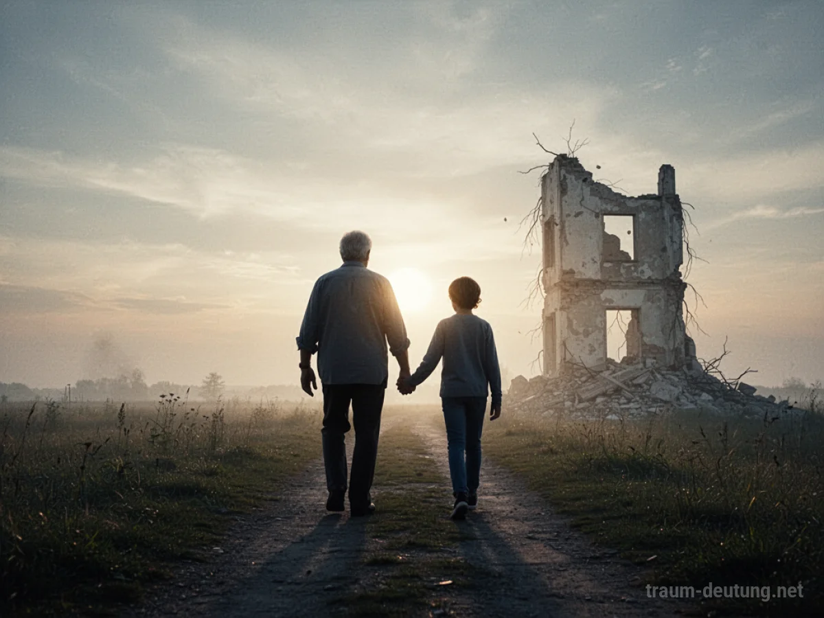 Zwei Silhouetten gehen Hand in Hand auf einem hellen Weg, weg von einer Ruine.
