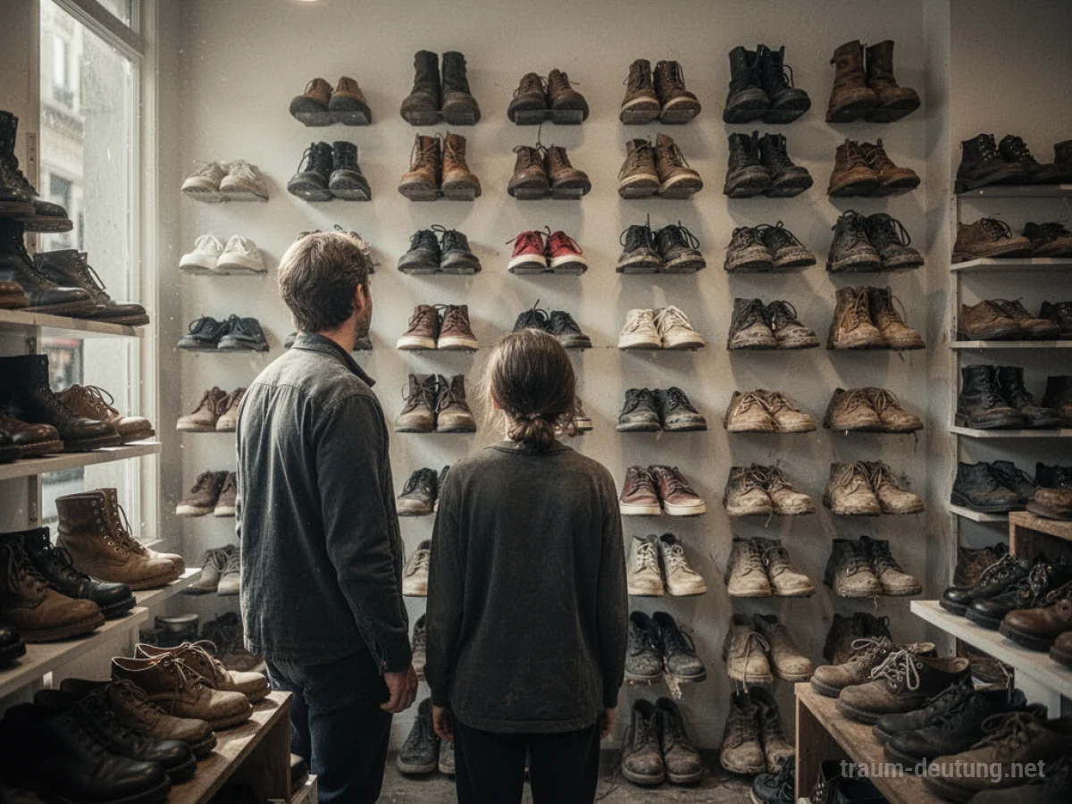 Eine Person betrachtet eine Wand voller verschiedener Schuhe in einem Geschäft.