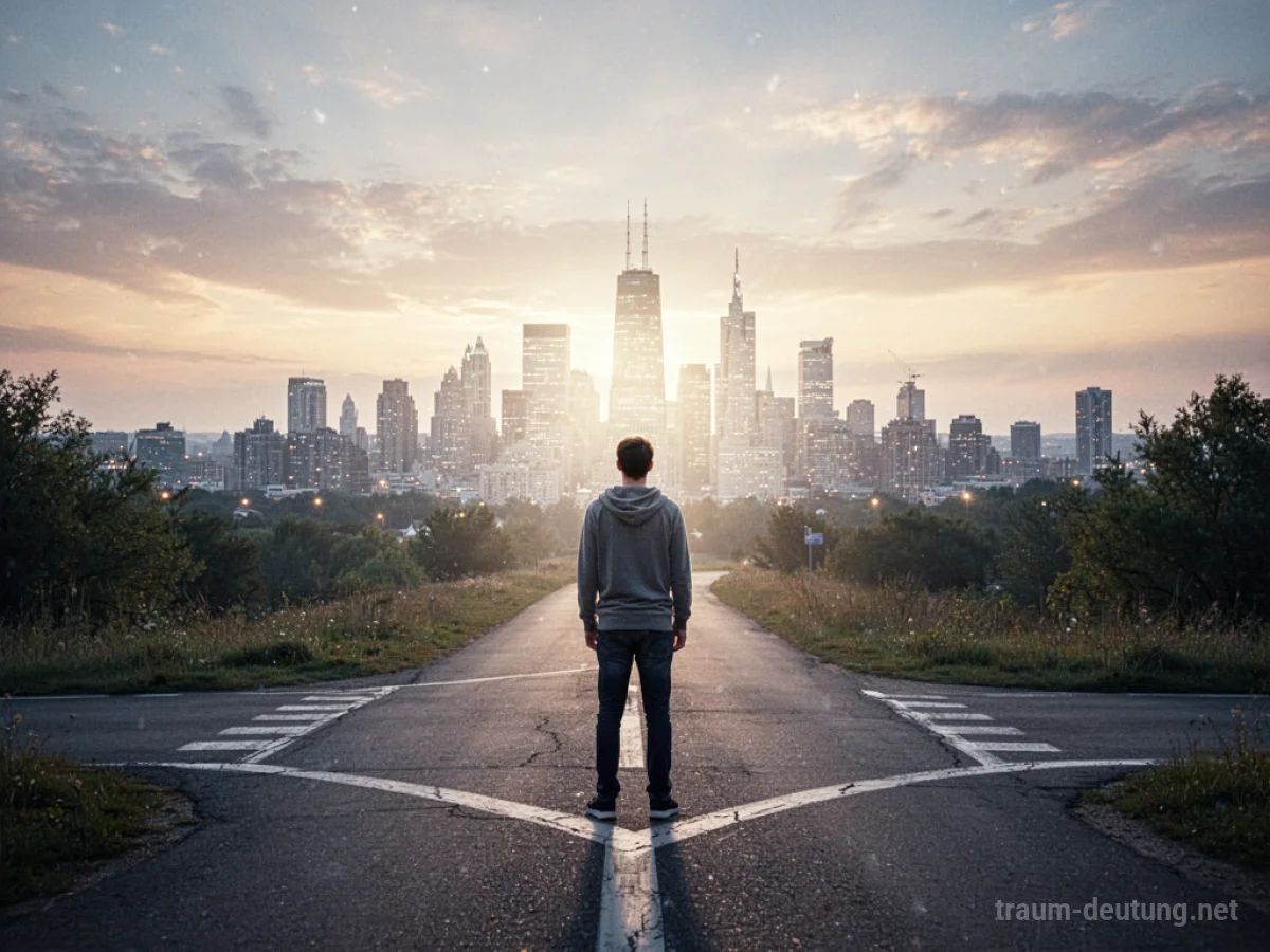 Person steht an einer Weggabelung und blickt auf eine ferne Stadt am Horizont.