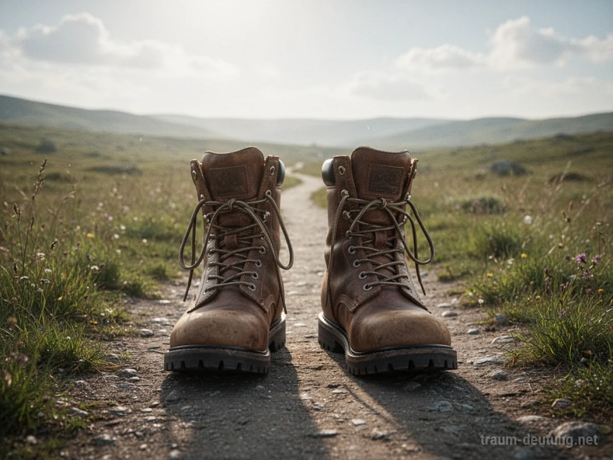 Neue Stiefel auf einem Weg in eine helle Landschaft