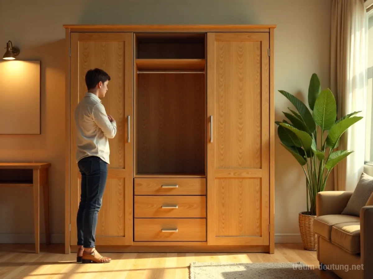 Ein leerer, neuer Holzschrank steht in einem hellen Geschäft und lädt zur Nutzung ein.