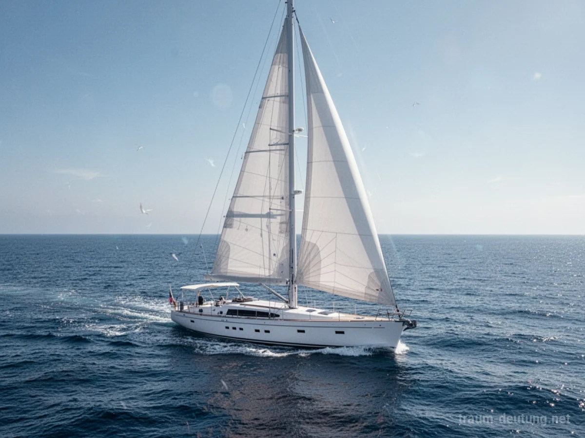 Neues Segelboot gleitet auf ruhiger See unter blauem Himmel