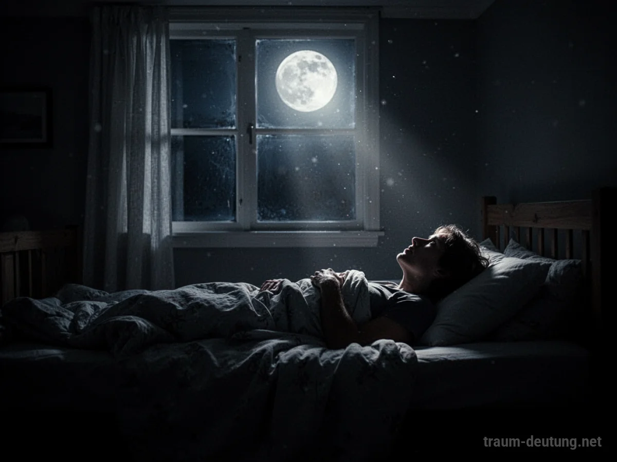 Eine schlaflose Person liegt im Dunkeln im Bett und blickt zur Decke.