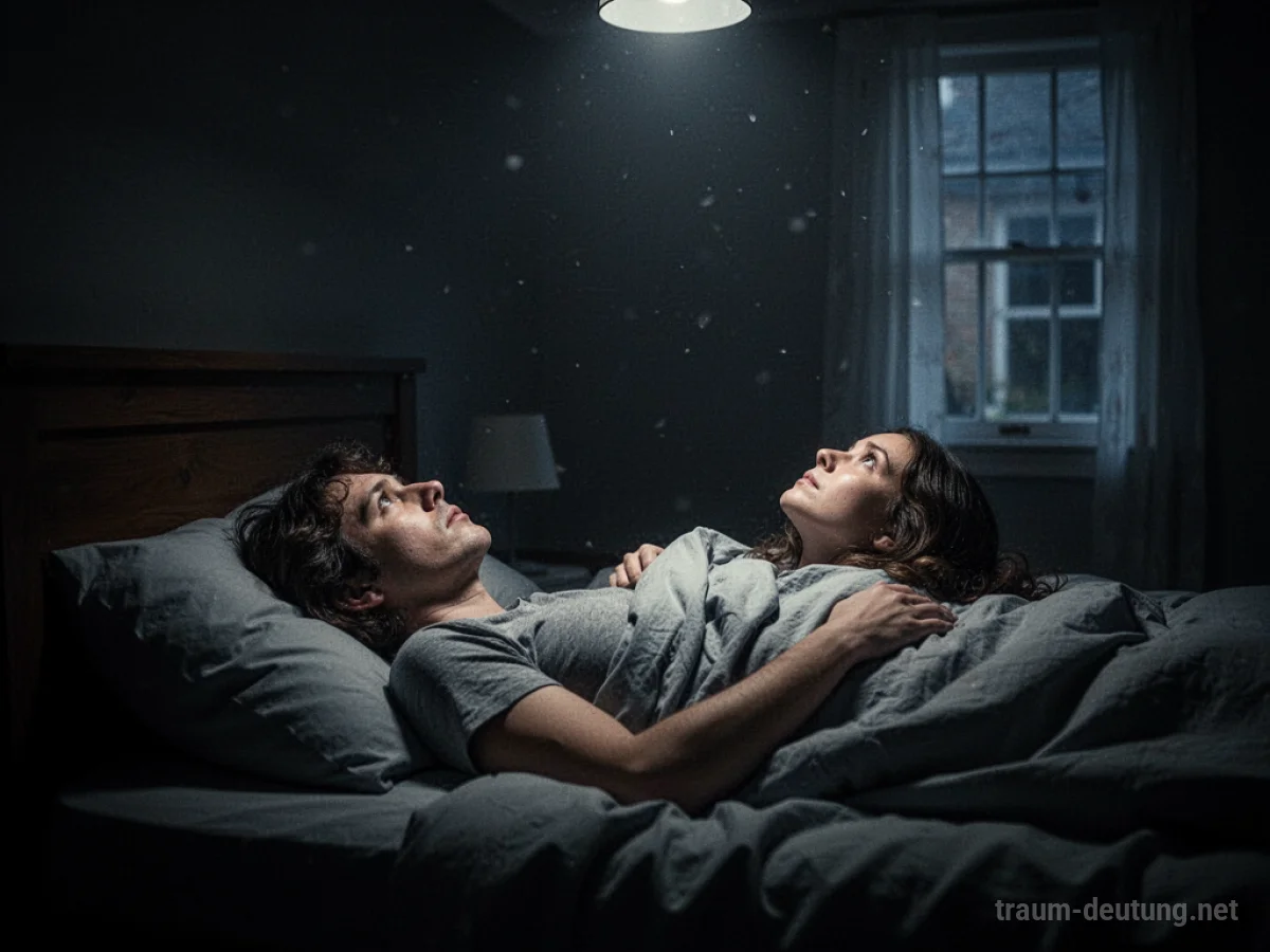 Eine Person liegt wach in einem dunklen Schlafzimmer und blickt zur Decke.