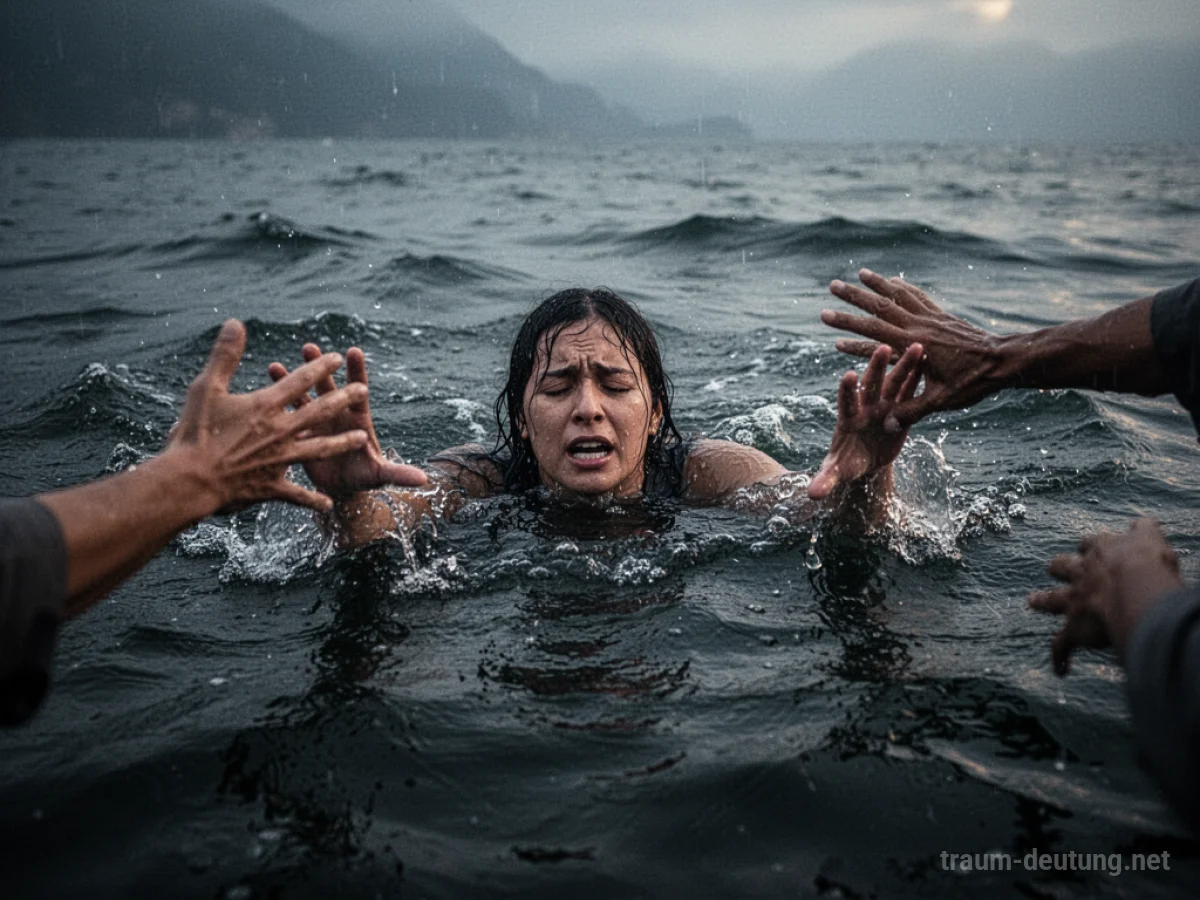 Person kämpft im dunklen Wasser, Hände ragen heraus