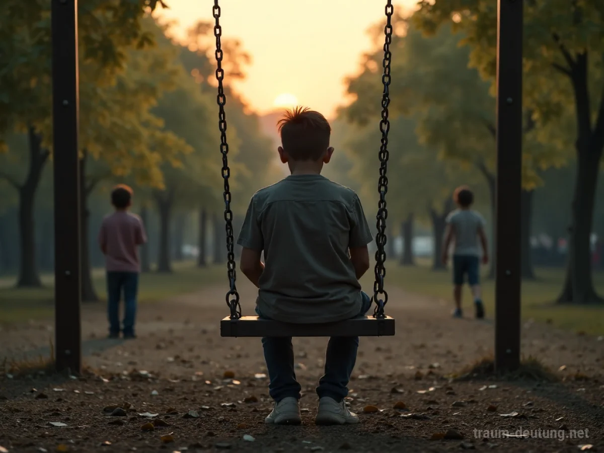 Kind sitzt allein auf einer Schaukel auf einem Spielplatz.