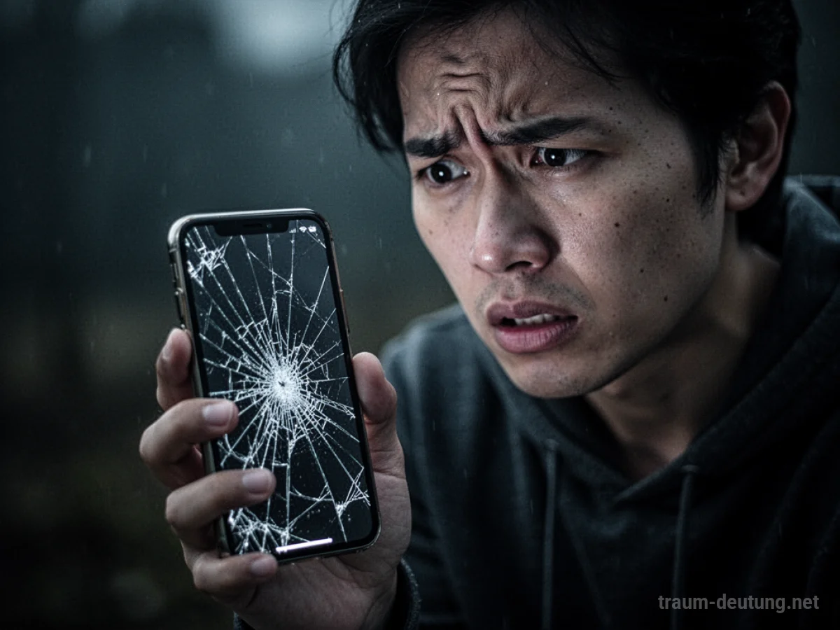 Person hält ein Smartphone mit gesprungenem Display und sieht frustriert aus.