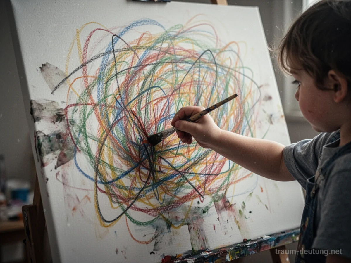 Kinderhand malt bunte, unzusammenhängende Linien auf eine Leinwand.