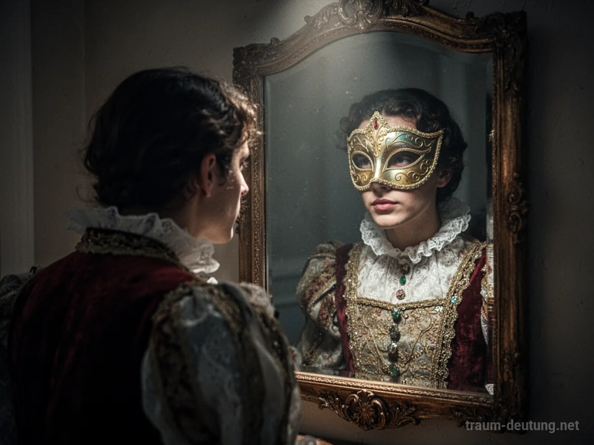 Spiegelbild einer Person mit Maske und Kostüm, das einen Schauspieler darstellt