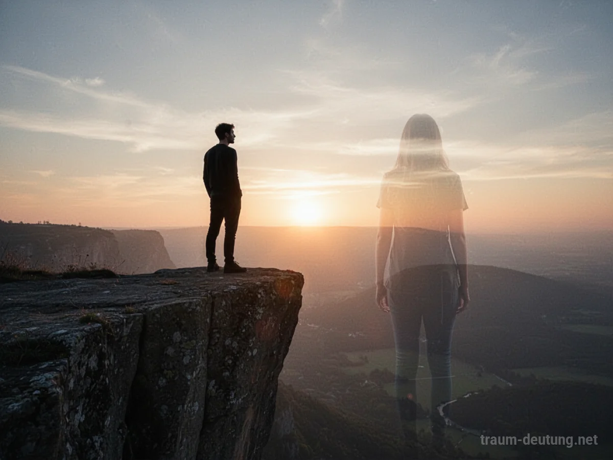 Silhouette eines Menschen am Rand einer Klippe, blickt auf Sonnenaufgang. Geisterhafte Umrisse einer zweiten Person verblassen.