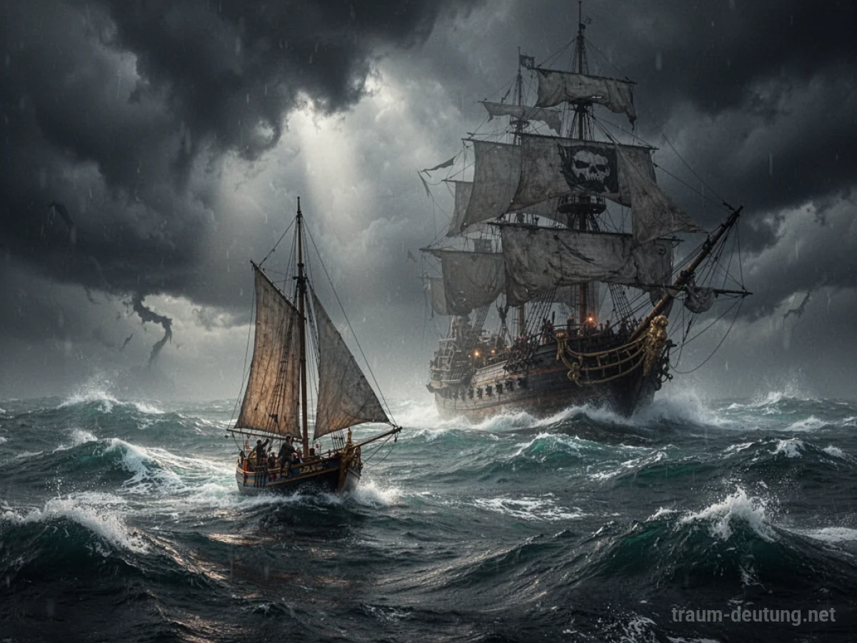 Ein kleines Segelboot greift ein großes Piratenschiff auf stürmischer See an.