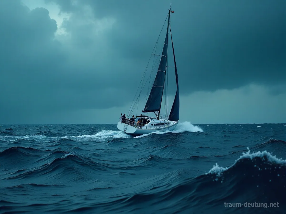 Ein kleines Segelboot kämpft allein auf hoher See gegen einen Sturm.