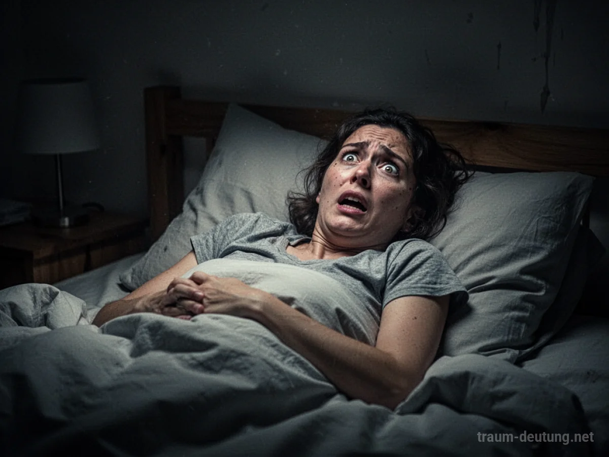 Person wacht im Traum plötzlich auf, weit geöffnete Augen im dunklen Schlafzimmer