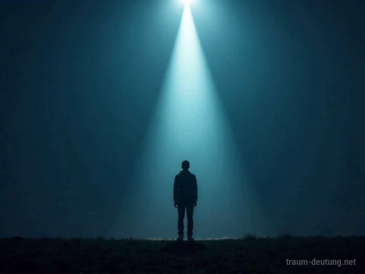 Ein Lichtstrahl fällt von einem dunklen Himmel auf eine Person.