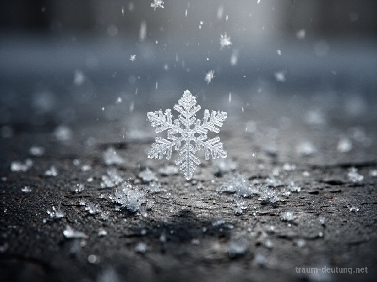Einzelne Schneeflocke fällt auf dunklen Untergrund.