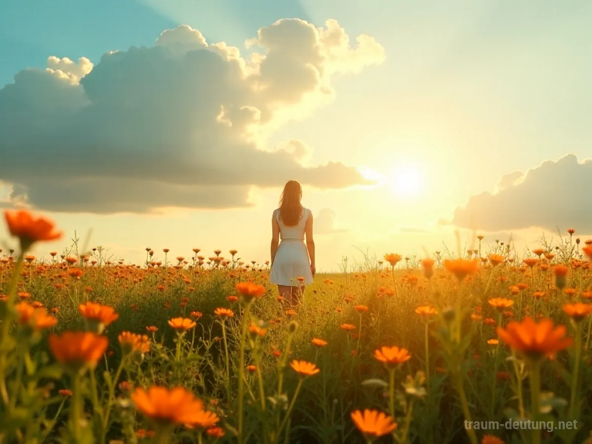 Person steht in einem Feld und genießt plötzlichen Sommer-Sonnenschein