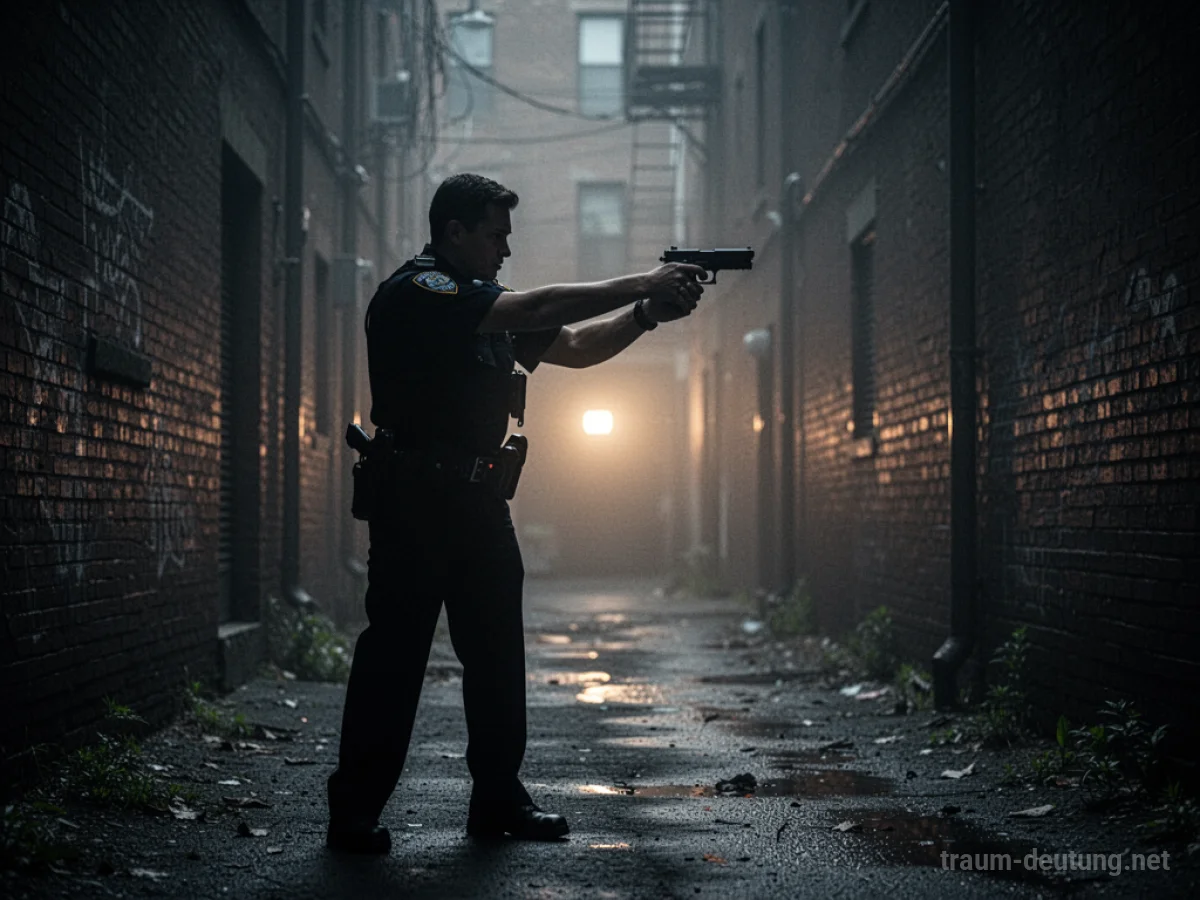 Silhouette eines Polizisten, der in einer dunklen Gasse eine Waffe abfeuert.