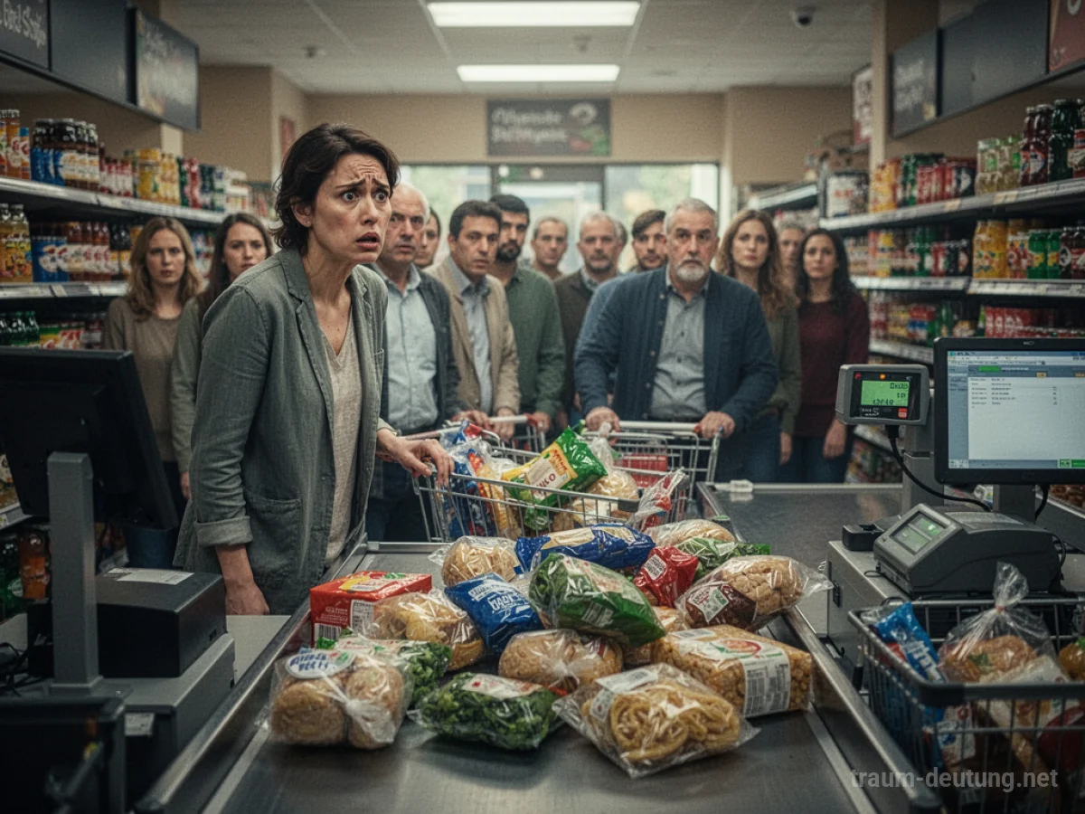 Probleme an der Supermarkt-Kasse im Traum mit langen Schlangen und Unordnung