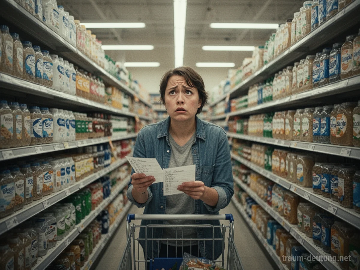 Eine Person sucht verwirrt ein Produkt in einem überfüllten Supermarktregal.