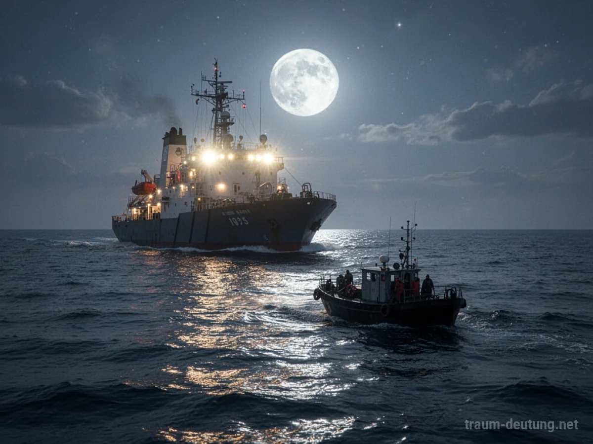 Rettungsschiff nähert sich einem kleinen Boot auf dem Meer bei Nacht.