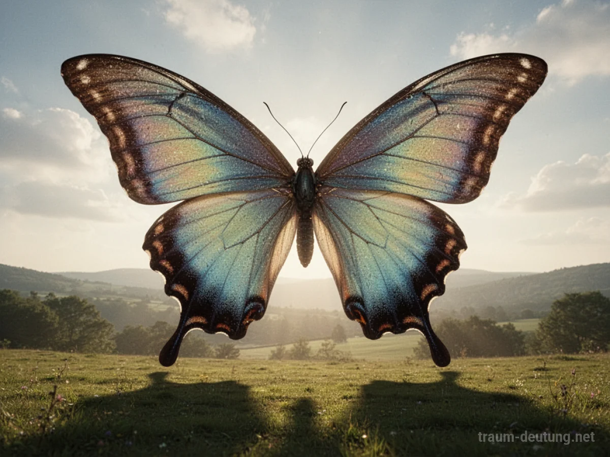 Ein riesiger Schmetterling mit schillernden Flügeln am Himmel über einer Landschaft.