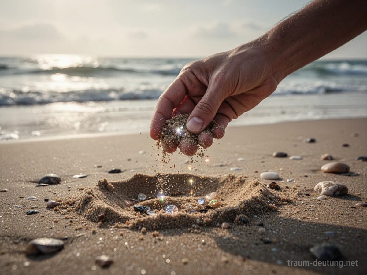Eine Hand sucht im Sand nach einem Ring.