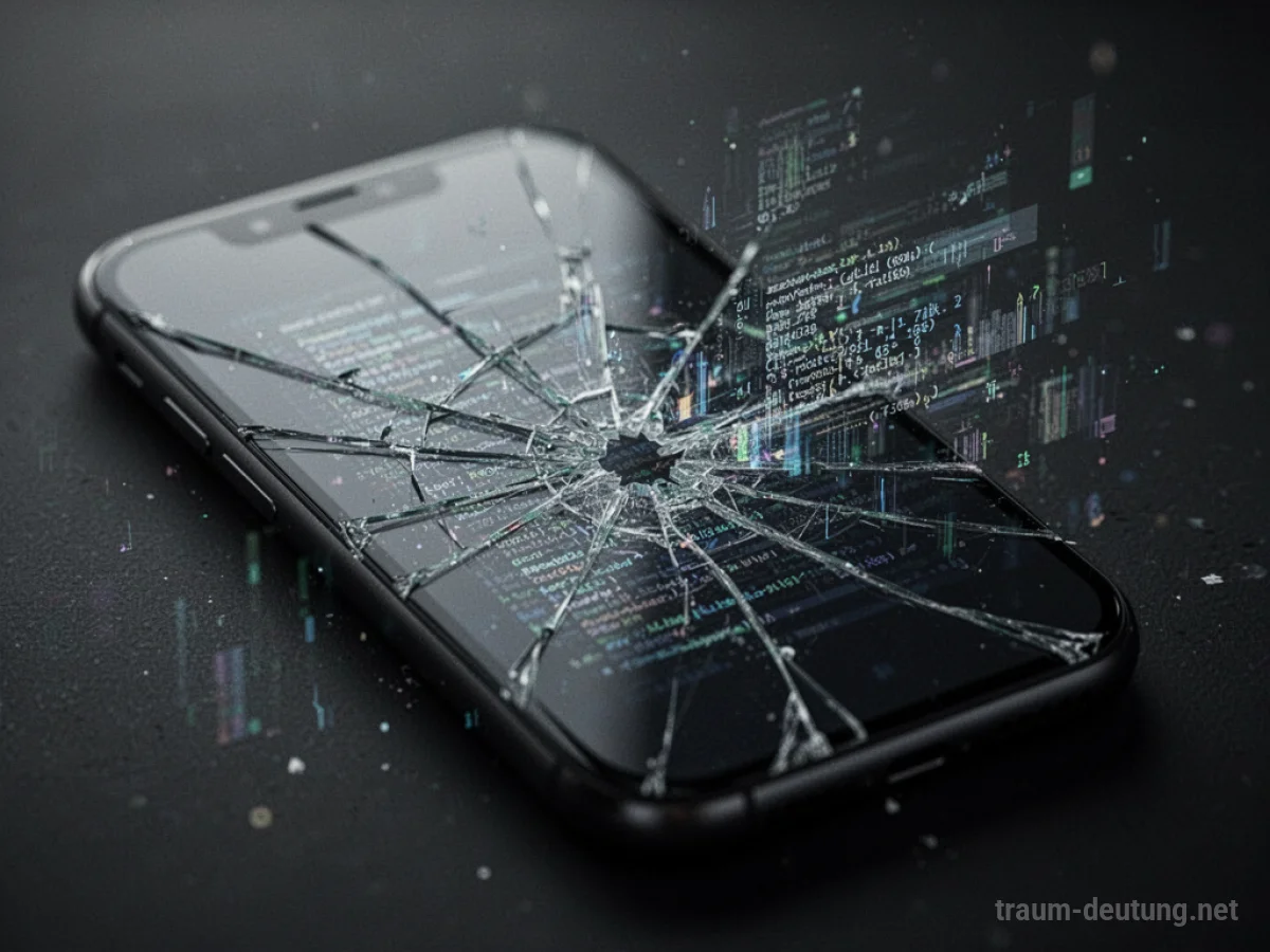 Ein Smartphone mit einem gesprungenen Bildschirm, aus dem digitale Informationen zu entweichen scheinen.