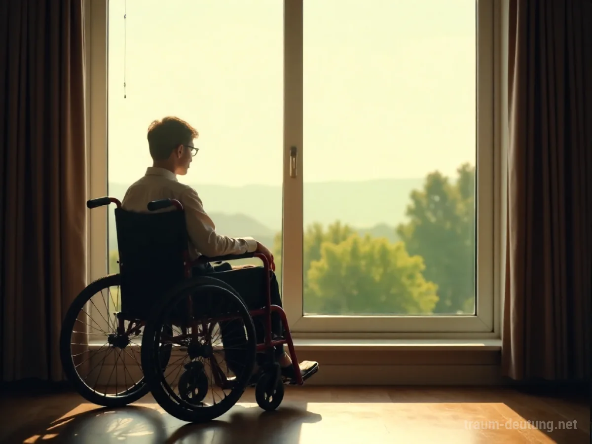Person im Rollstuhl blickt aus dem Fenster auf eine Landschaft.