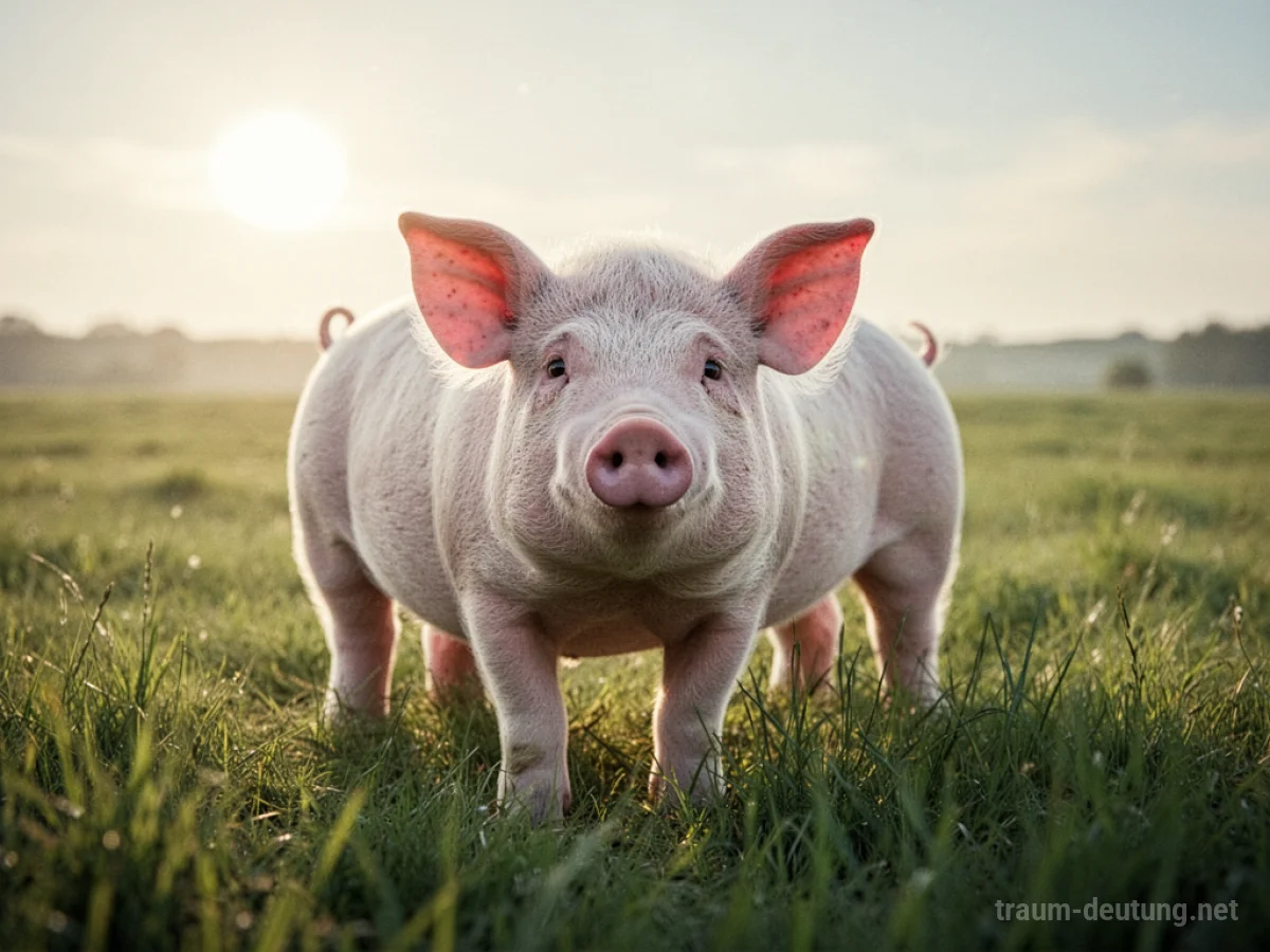 Ein stilisiertes rosa Schwein steht auf einer grünen Wiese.