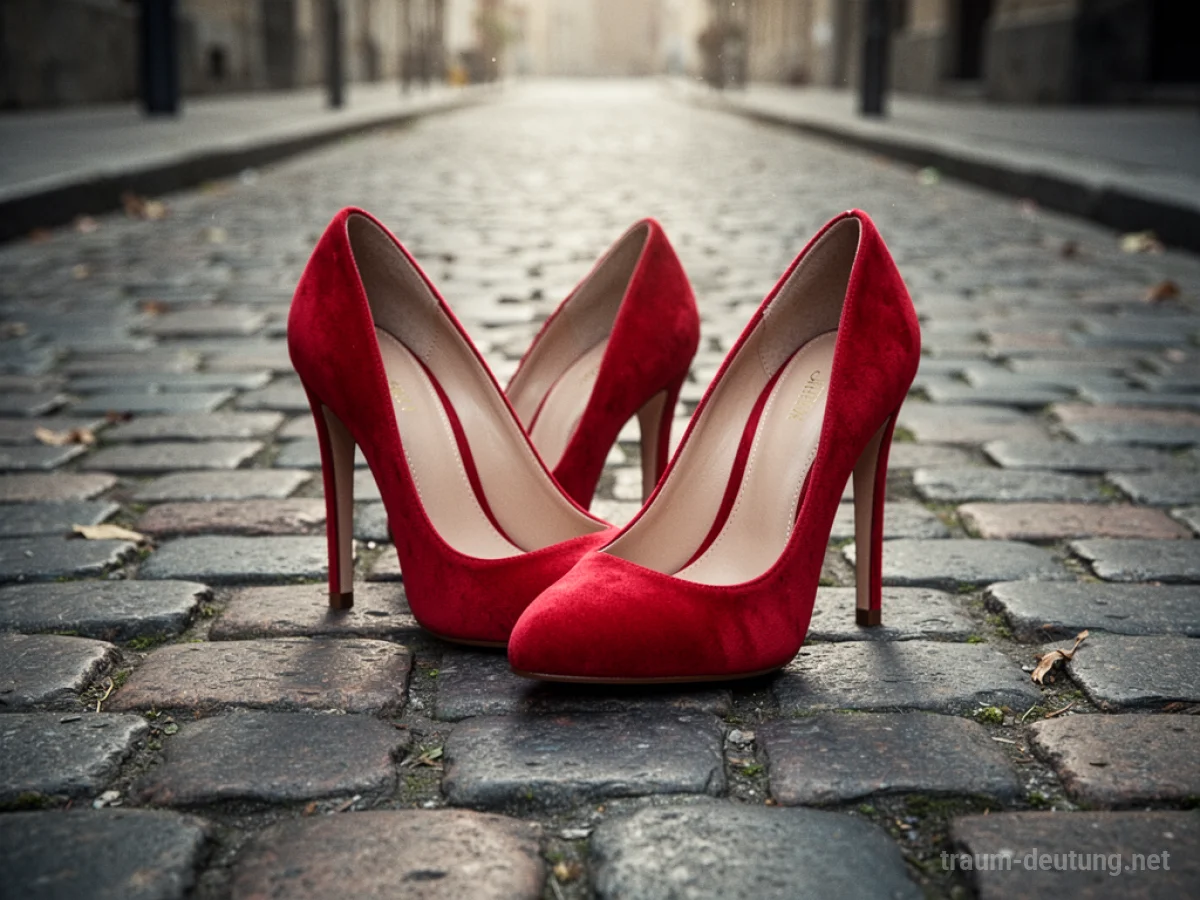 Rote Damenschuhe stehen auf einem gepflasterten Weg.