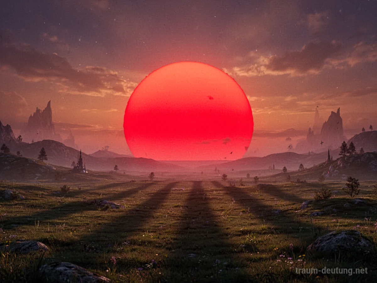 Eine große, tiefrote Sonne steht tief am Horizont und wirft lange Schatten über eine ruhige Landschaft.