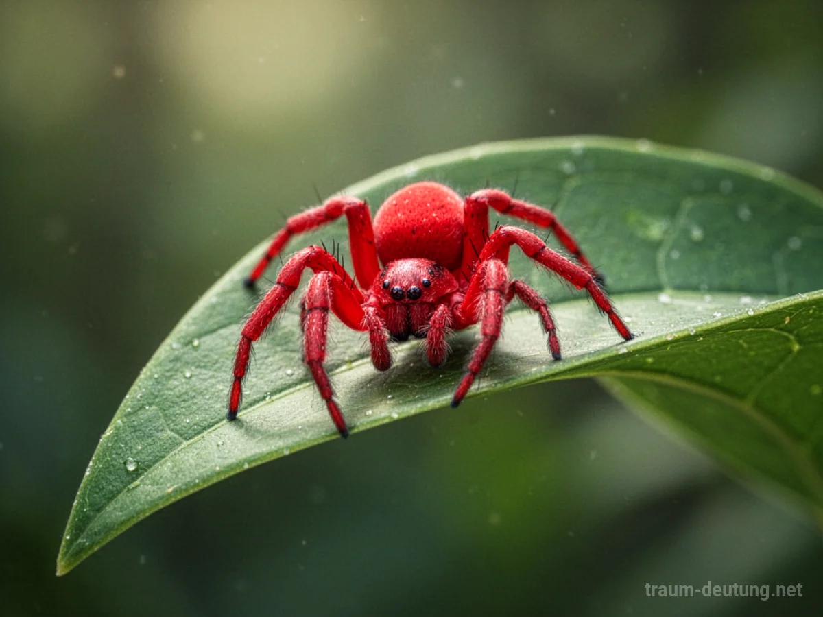 Eine rote Spinne sitzt auf einem grünen Blatt.